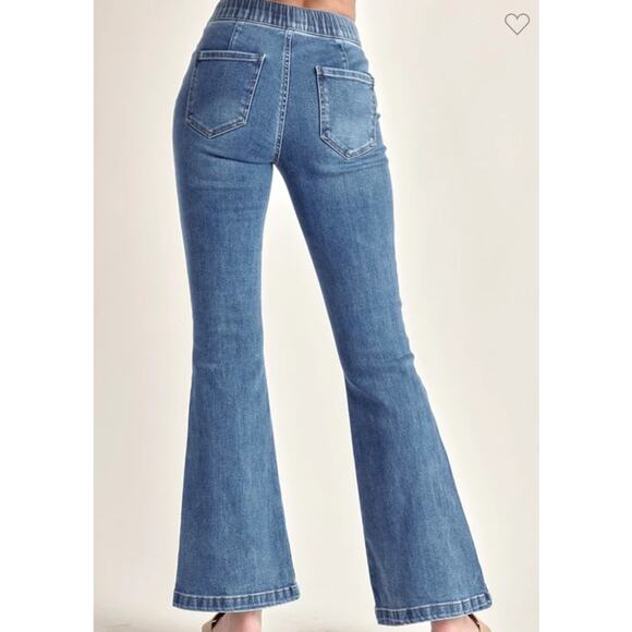 Risen Denim Mid Rise Flare Jeans With Drawstring and Front Pockets Blue 5 / 27 - Picture 5 of 13